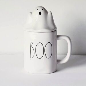Rae Dunn Halloween Mug — BOO with Ghost Lid Topper (White)